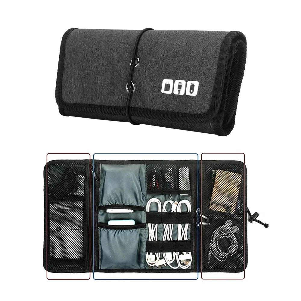 Aufrollbare Stofftasche mit Kabelschlaufen und Netzfächern